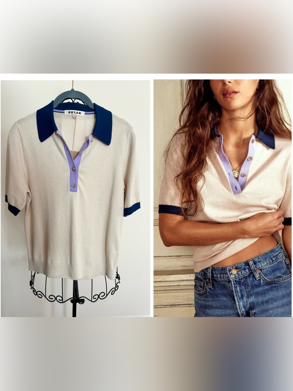NWT Boden Estelle Short-Sleeve Polo Top in Oatmeal with Navy & Lavender Trim